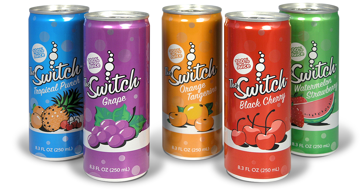 The Switch Juice Cans package design by Landis Productions